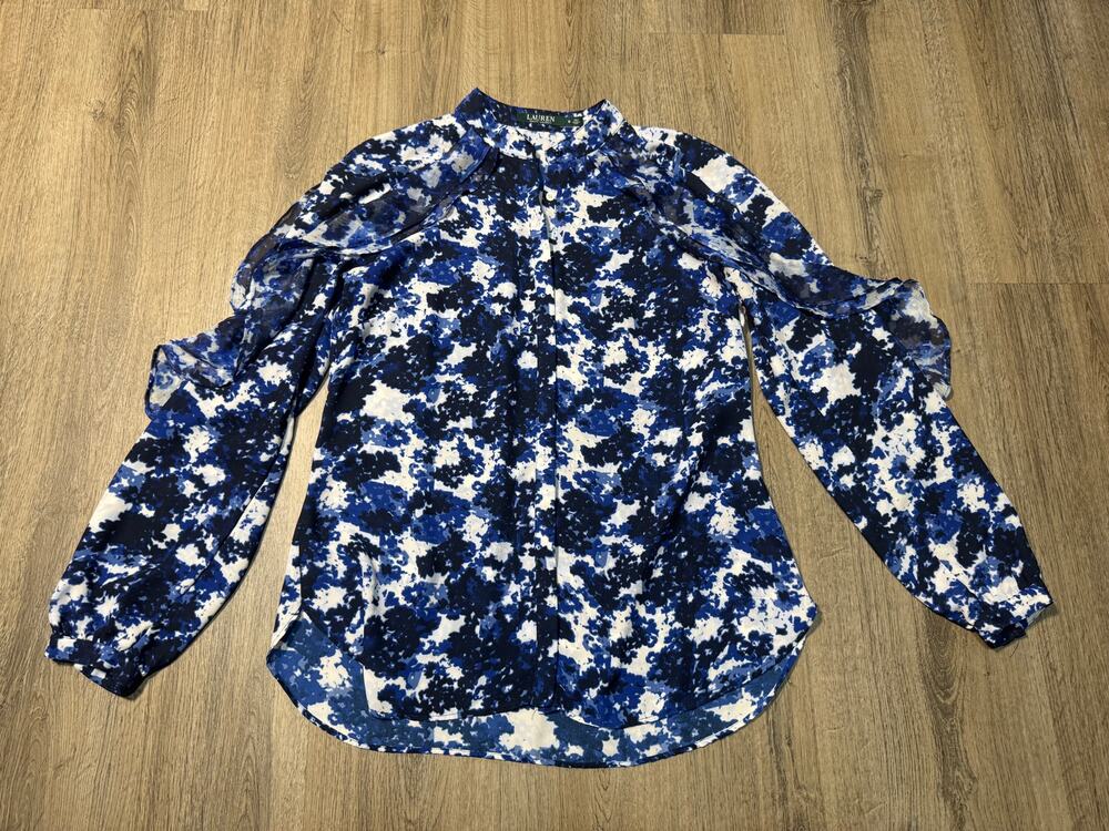 Lauren Ralph Lauren Women's Blue and White Abstract Floral Blouse